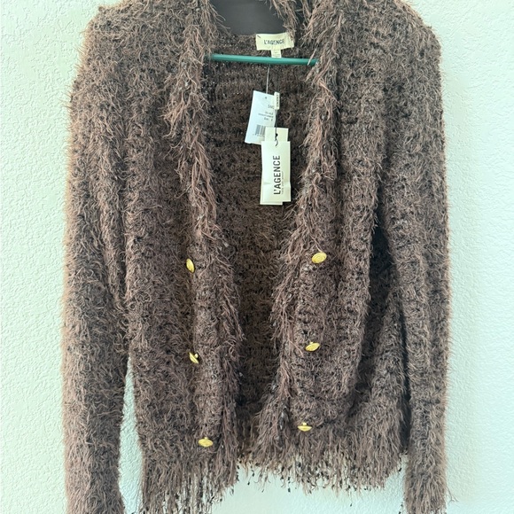 L'AGENCE Chocolate Brown Fuzzy Jacket with Gold Logo Tag - Picture 4 of 6